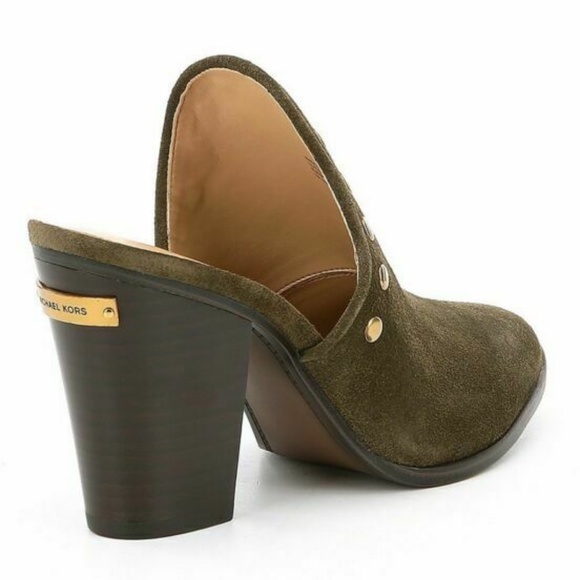 Michael Kors Louise Suede Mules Olive Studded Stacked Block Heel Slip On Clog - Picture 4 of 15
